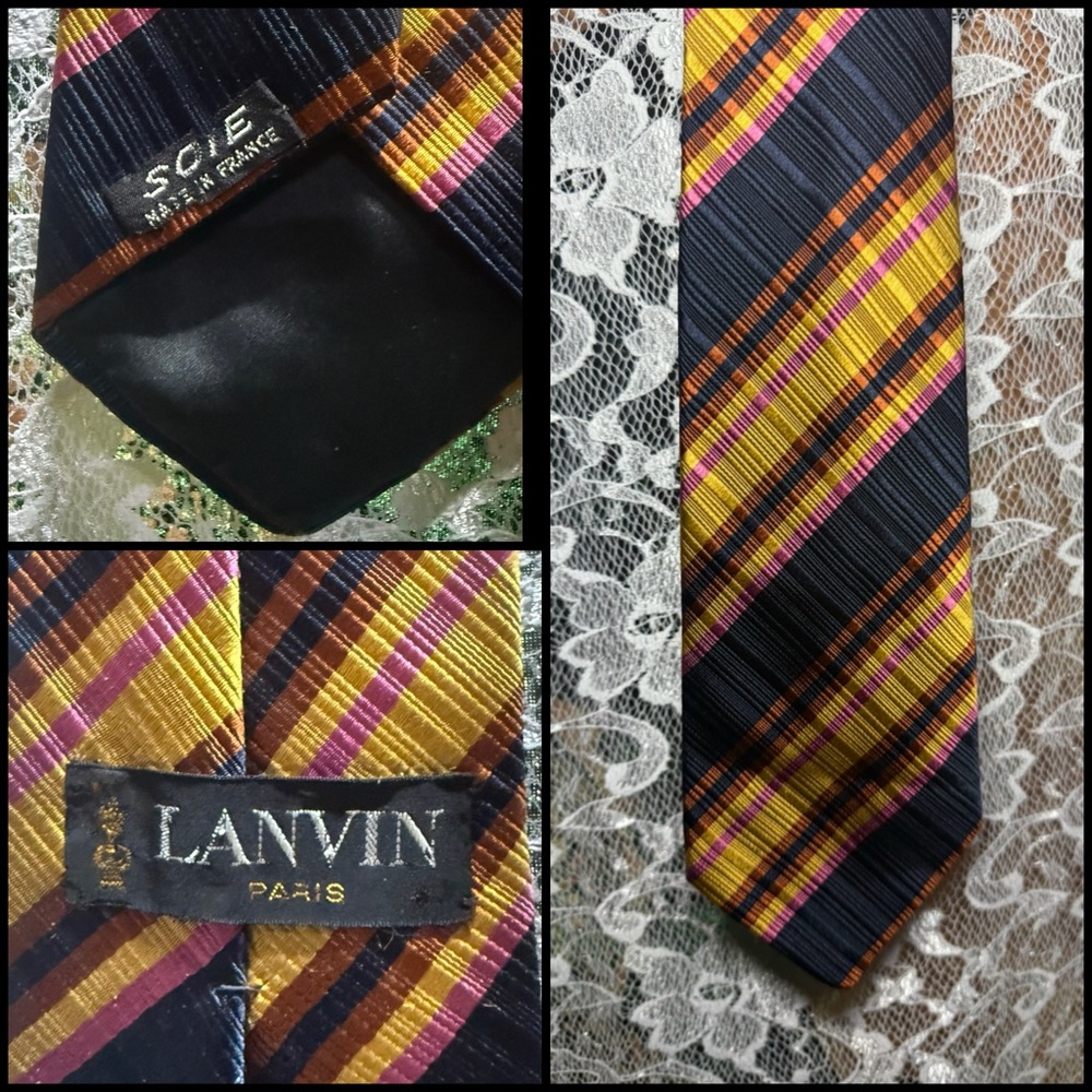 Vintage 1970s Lanvin Paris Navy Silk Tie with Yellow & Pink Stripes menswear